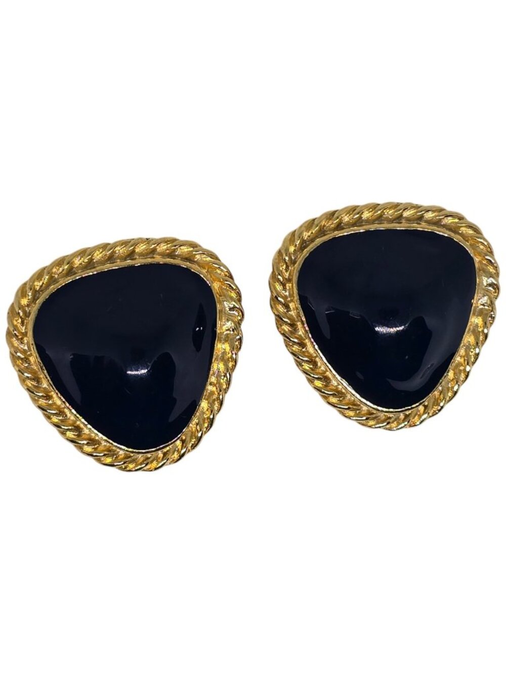Vintage Gold & Black Triangle Clip-On Earrings Rope-Style Border Classic Design